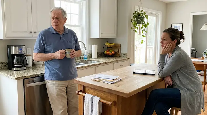 Family member on the phone at home, thoughtful moment.