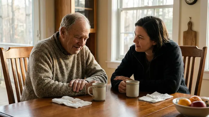 Older adult and family member sharing tea at a table.