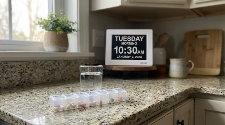 Daily routine at home with organizer and day clock nearby.