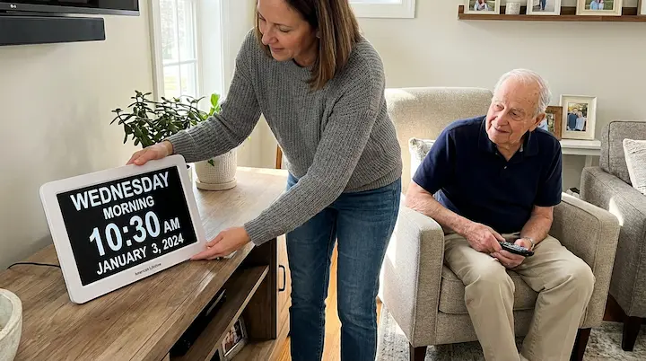 Family setting up the digital day clock together.
